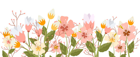 Bouquet of flowers on isolated banner. Green meadow with flowers. Vector stock illustration. Flat style. trendy design. Nature. Hand drawn and doodle. Scribbles. Botanical collection. Elements