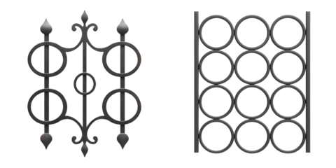 The image showcases two distinct wrought iron gate designs, featuring elegant curves and circular patterns.