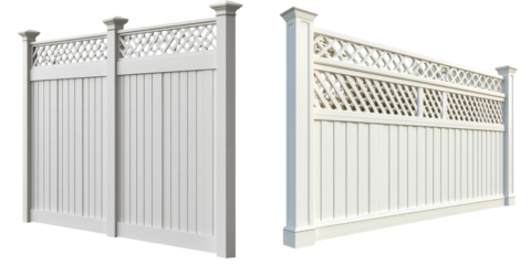 A decorative white fence featuring latticework at the top and sturdy posts, designed for enhancing privacy and aesthetics in outdoor spaces.
