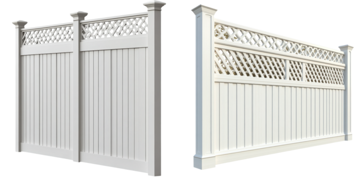 A decorative white fence featuring latticework at the top and sturdy posts, designed for enhancing privacy and aesthetics in outdoor spaces.