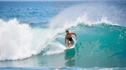 Surfer riding a powerful wave in crystal-clear ocean waters