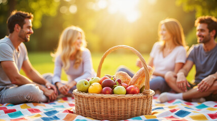 Family enjoying a sunny outdoor picnic with a basket of fresh fruits