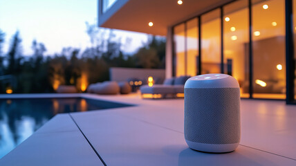 Modern Smart Speaker by the Pool at Night. Concept of Outdoor Entertainment and Smart Home.