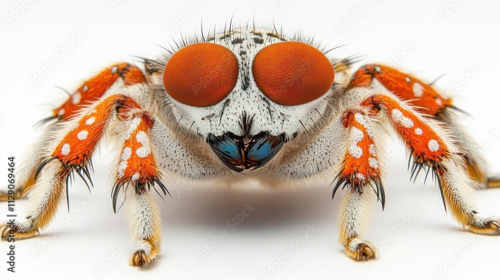 Poster a close-up image of a colorful spider with striking features and vibrant coloration.