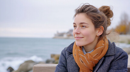 French woman sitting on a bench by the ocean, wearing a coat and a scarf