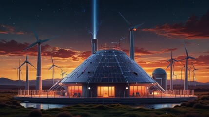 Obraz premium Futuristic Eco House Powered by Wind and Solar Energy