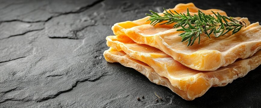Close-up of Stacked Dried Fish with Rosemary on Dark Background