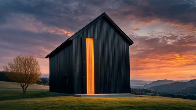 Light entering modern black barn house at sunset