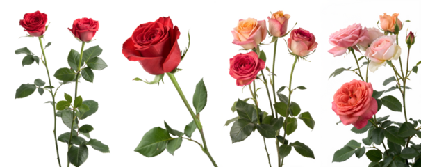 Set of red roses on a transparent background. Concept of beautiful and flowers. Rose Day