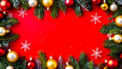 Red and gold Christmas ornaments and greenery on a red background