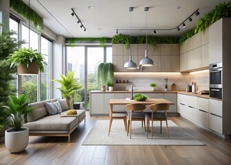 Fototapeta premium Modern Minimalist Living Room and Kitchen Design Featuring Abundant Green Plants in a Bright, Inviting Space Emphasizing Open Layout and Natural Light