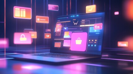 Modern Laptop with Colorful E-Commerce Icons and Digital Panels Representing Online Shopping Concepts for Stock Photo Use