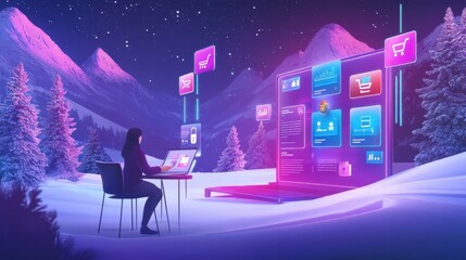 A woman engaging with a futuristic digital interface while sitting on a chair in a snowy landscape with mountains and trees illuminated by night stars
