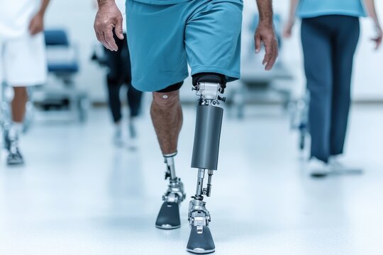 Healthcare rehabilitation global concept. A person with a prosthetic leg walks confidently in a rehabilitation setting, showcasing resilience and innovation in mobility.