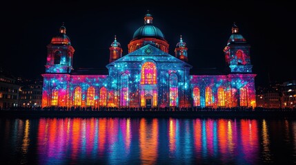 Illuminated Cathedral with Colorful Light Projections
