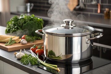 Modern Stainless Steel Pot with Lid for Cooking, Boiling, and Simmering in a Contemporary Kitchen Setting, Ideal for Culinary Enthusiasts and Home Chefs