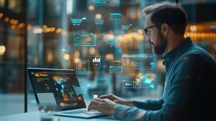 Focused professional using laptop with digital graphs and analytics overlay in modern workspace environment for business data analysis and decision making