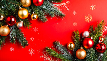 Red and gold Christmas ornaments and greenery on a red background