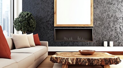  Accent Natural Wooden coffee table next to grey sofa with  cushions, wall with big blank poster frame. Black accent wall, fireplace