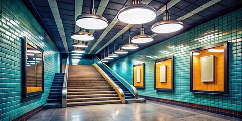 Modern Underground Passage with Empty Mock-Up Poster, Ceiling Lamps, Stairs, and Subway Tile Walls in a 3D Rendered Environment Ideal for Urban Design and Architecture Concepts