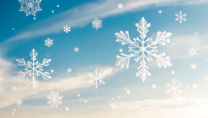 snowflakes gently falling from a serene, cloudless blue sky