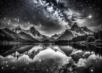 Monochrome Mountain Landscape with Reflective Lake Under a Starry Night Sky in Long Exposure, Capturing Tranquility and Natural Beauty in Black and White