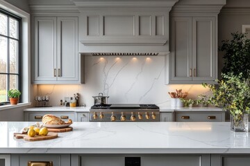 Modern kitchen with gray cabinets, marble backsplash, and quartz countertops.