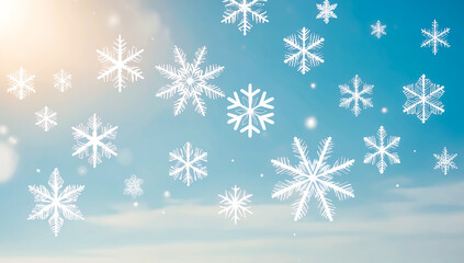 snowflakes gently falling from a serene, cloudless blue sky
