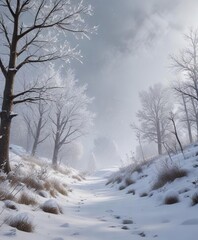 Obraz premium Snowflakes gently falling on a quiet winter landscape, gentle snowfall, calmness