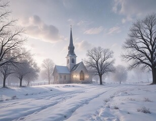 Snowflakes gently falling on a serene snowy landscape with a distant church steeple, peaceful scene, serene landscape, snow-covered trees