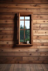 A wooden wall with a small window that adds warmth and coziness to the room, comfortable seating, inviting atmosphere, relaxing decor