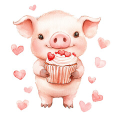 Fototapeta premium Adorable baby piglet holding a heart in a charming watercolor style, perfect for Valentine's Day celebration and animal cartoon lovers.