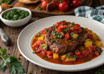Fototapeta premium Mouthwatering Close-Up of Italian Veal Steak Ossobuco alla Milanese with Gremolata and Vegetable Sauce in a Horizontal Top View, Perfect for Culinary and Food Photography