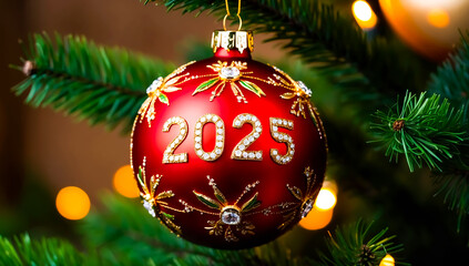 Christmas ball with the inscription 2025, New Year s Christmas tree ball red with gold inscription