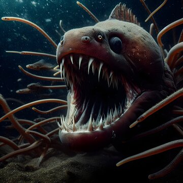 An angry and hungry electric eel, wanting to prey on small fish around it, with a dark and scary background on the seabed