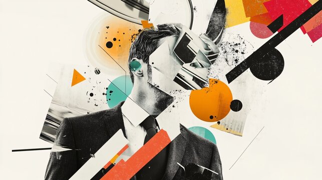 Abstract portrait of a man in a suit. Modern art collage with geometric shapes and textures. Creative design for wall art, posters, or prints.