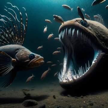 An angry and hungry electric eel, wanting to prey on small fish around it, with a dark and scary background on the seabed