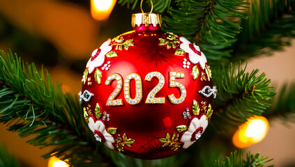Christmas ball with the inscription 2025, New Year s Christmas tree ball red with gold inscription