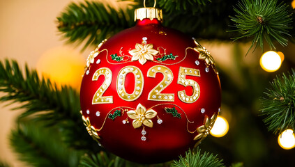 Christmas ball with the inscription 2025, New Year s Christmas tree ball red with gold inscription