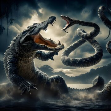 a very angry big crocodile fighting with a poisonous anaconda snake, background on the edge of a river with dark and cloudy weather