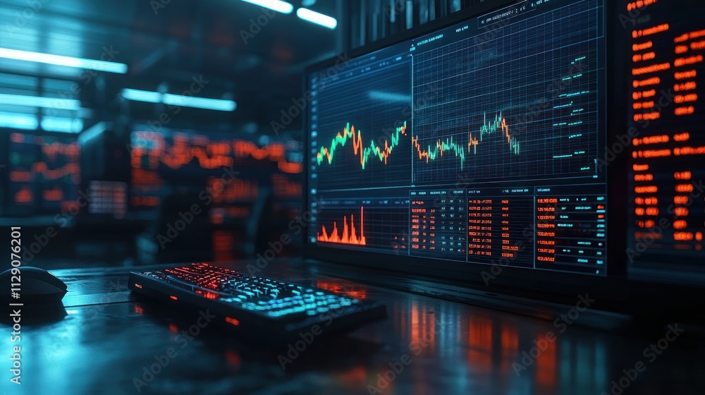Aufkleber a dimly lit trading room with a computer displaying stock market data and graphs.