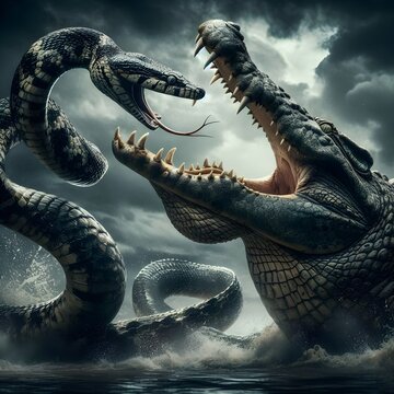 A very angry big crocodile fighting with a poisonous anaconda snake, background on the edge of a river with dark and cloudy weather