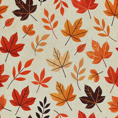 A pattern featuring autumn leaves in warm tones of orange, red, and yellow scattered across a light cream background. Minimalistic design capturing the cozy and vibrant essence of fall.