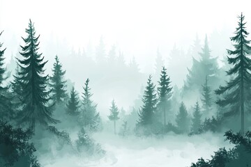 Obraz premium Misty Green Forest Coniferous Trees Winter Landscape
