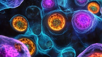 Detailed view of adult stem cells, colorful glow, complex cellular patterns, under microscope