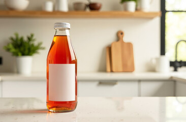 Bottle of kombucha on the table in a spacious, bright modern kitchen. Empty space for text. Probiotic tea for gut health.