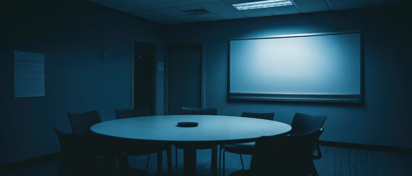 Dimly lit meeting room with round table and whiteboard at night
