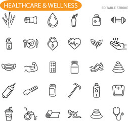 Healthcare Wellness Icons Fitness, Medicine, Nutrition, and Therapy