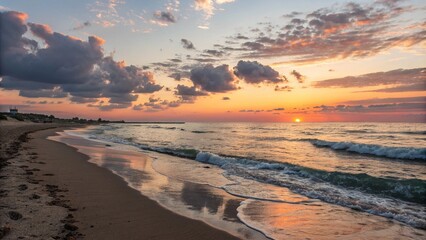 Closeup of waves sand beach and blue summer sea. Panoramic beach landscape.