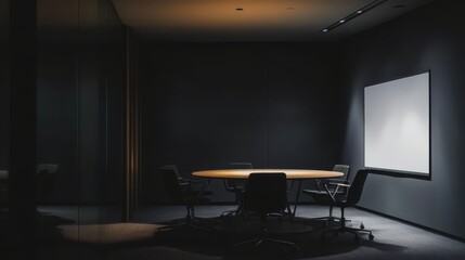 Dimly lit meeting room with round table and whiteboard at night